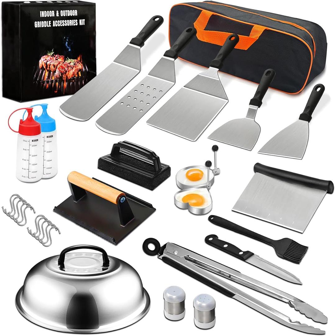 29pcs Blackstone Griddle Accessories Kit, Large Stainless Steel Grill Accessories Set for Blackstone and Camp Chef, Grill Spatula Set with Enlarged Spatulas, Scraper, Tongs for Outdoor Barbecue