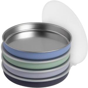 Elk and Friends 7.8 Stainless Steel Non Divided Plates with Silicone Sleeve + Storage Lid | Baby, Toddler, Kids | Dishwasher Safe | Dinner & Snack Plates | 4 Pack