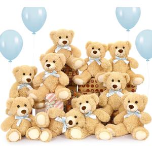 MorisMos Bulk Teddy Bear for Baby Shower, 10-Pack Teddy Bear Stuffed Animals Bulk, 14 in Teddy with Baby Blue Bow, Soft Stuffed Animal Wholesale for Birthday Christmas Valentine's, Brown