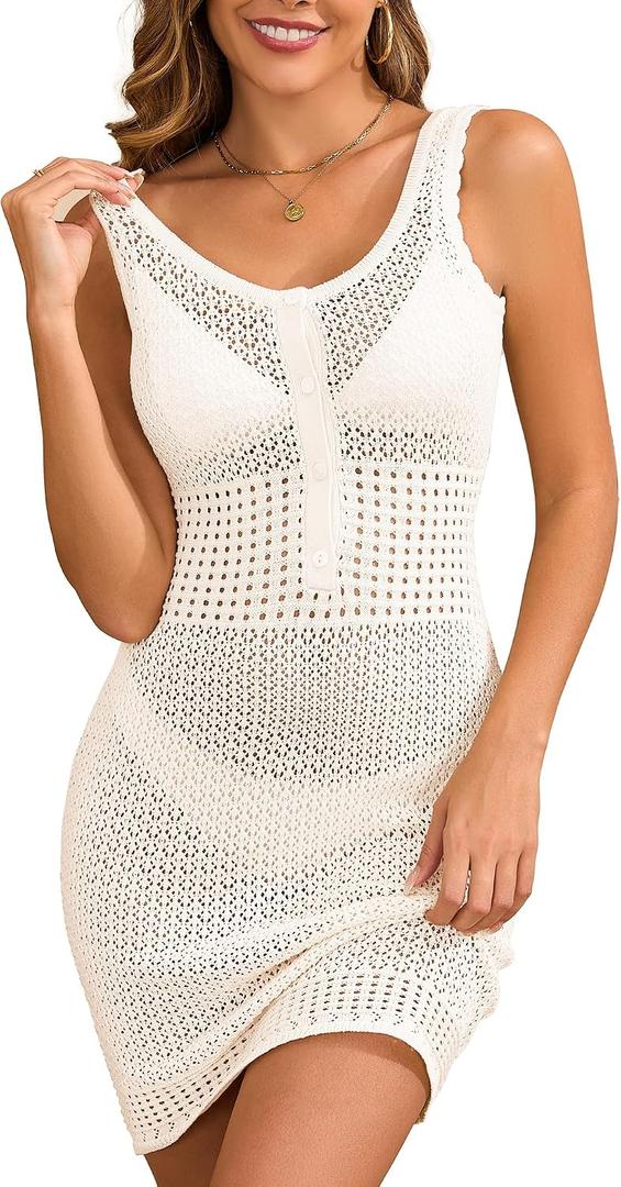 Women's Crochet Swimsuit Coverup Hollow Out Sleeveless Dress for Women 2026 Knit Button Tank Dresses (White, L)