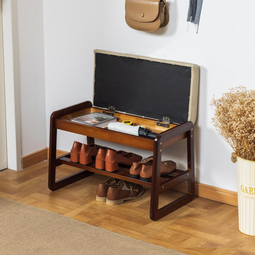 Shoe Bench with Storage - 2-Tier Entryway Bench, Solid Wood Shoe Rack with Cushion & Flip-Open Box, Mid-Century Modern for Hallway, Mudroom, Bedroom (Gray, 21.65'')
