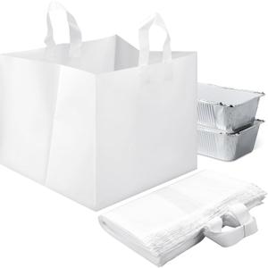 100 Pcs 14" x 11.5" x 12" Half Tray Catering Bags, Takeout Bags, Bulk Catering Bag for Food Delivery with Cardboard Bottom and Soft Loop Handles for Restaurant, Retail, Business