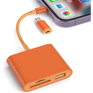 SD Card Reader for iPhone, Memory Card Reader with USB-C to Light-ning Adapter Plug and Play Trail Game Camera Micro SD Card Viewer Support SD/TF Card and USB for iPad No App Required (Orange)