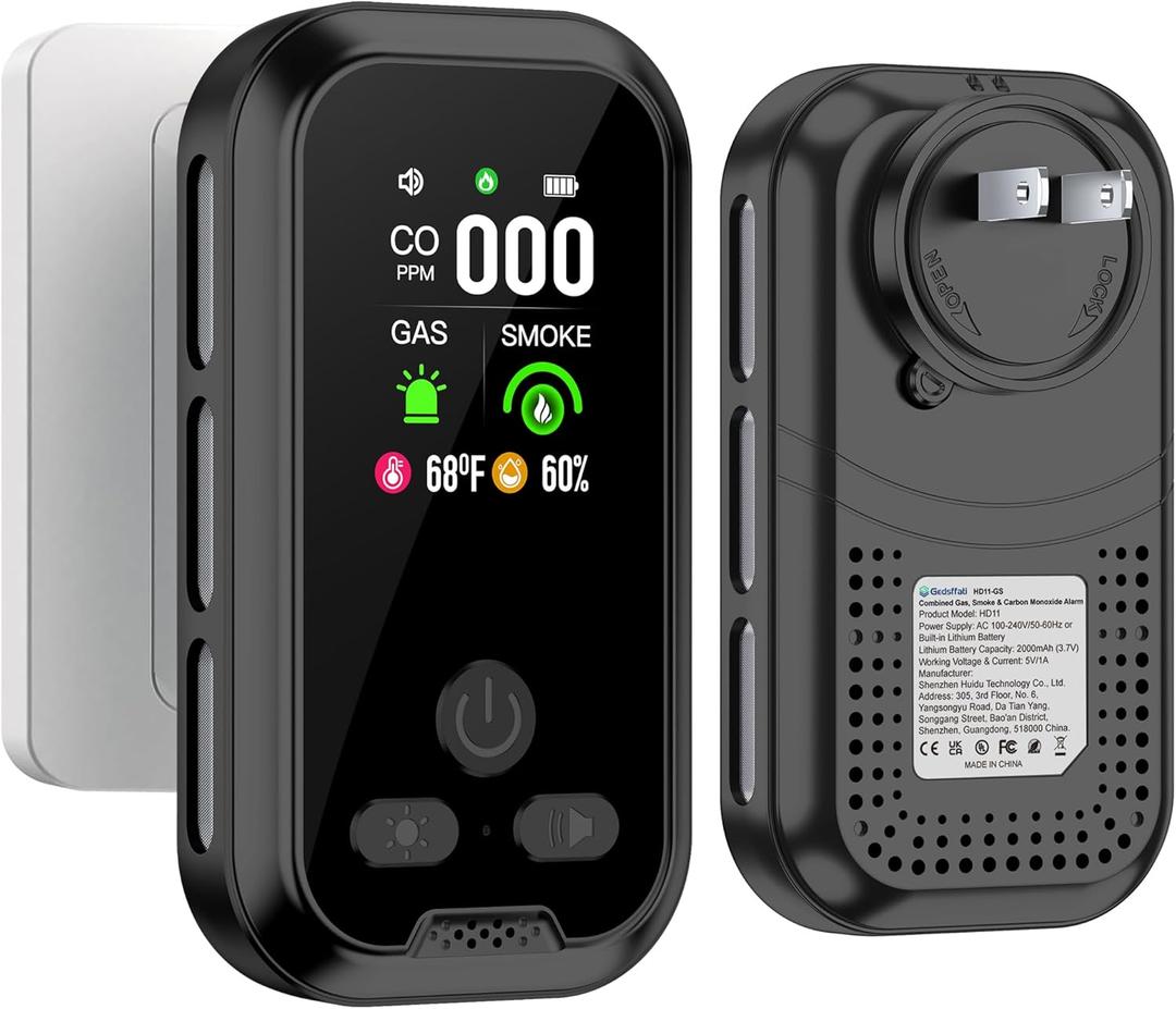 5IN1 Plug in Smoke & Carbon Monoxide Detector & Combustible Natural Gas Combination Builti-in Backup Battery HD Screen [Smoke CO Gas Temp Humidity Sensor] for Home Hotel RV (1-Pcs, Black)