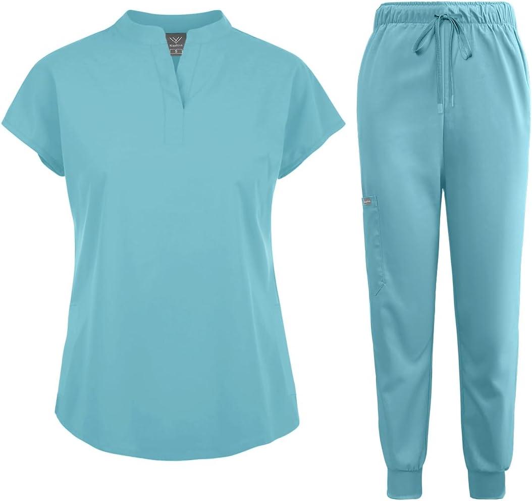 niaahinn Scrubs Set for Women Nurse Uniform Jogger Suit Stretch Top & Pants with Multi Pocket for Nurse Esthetician Workwear Small
