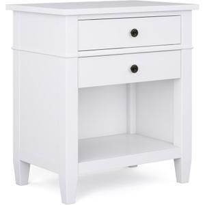 SIMPLIHOME Carlton Bedside Table - 24 inch Wide Solid Wood Nightstand Table in White, Transitional Bedroom Side or End Table with 2 Drawers, Open Storage Shelf and Bronze Hardware