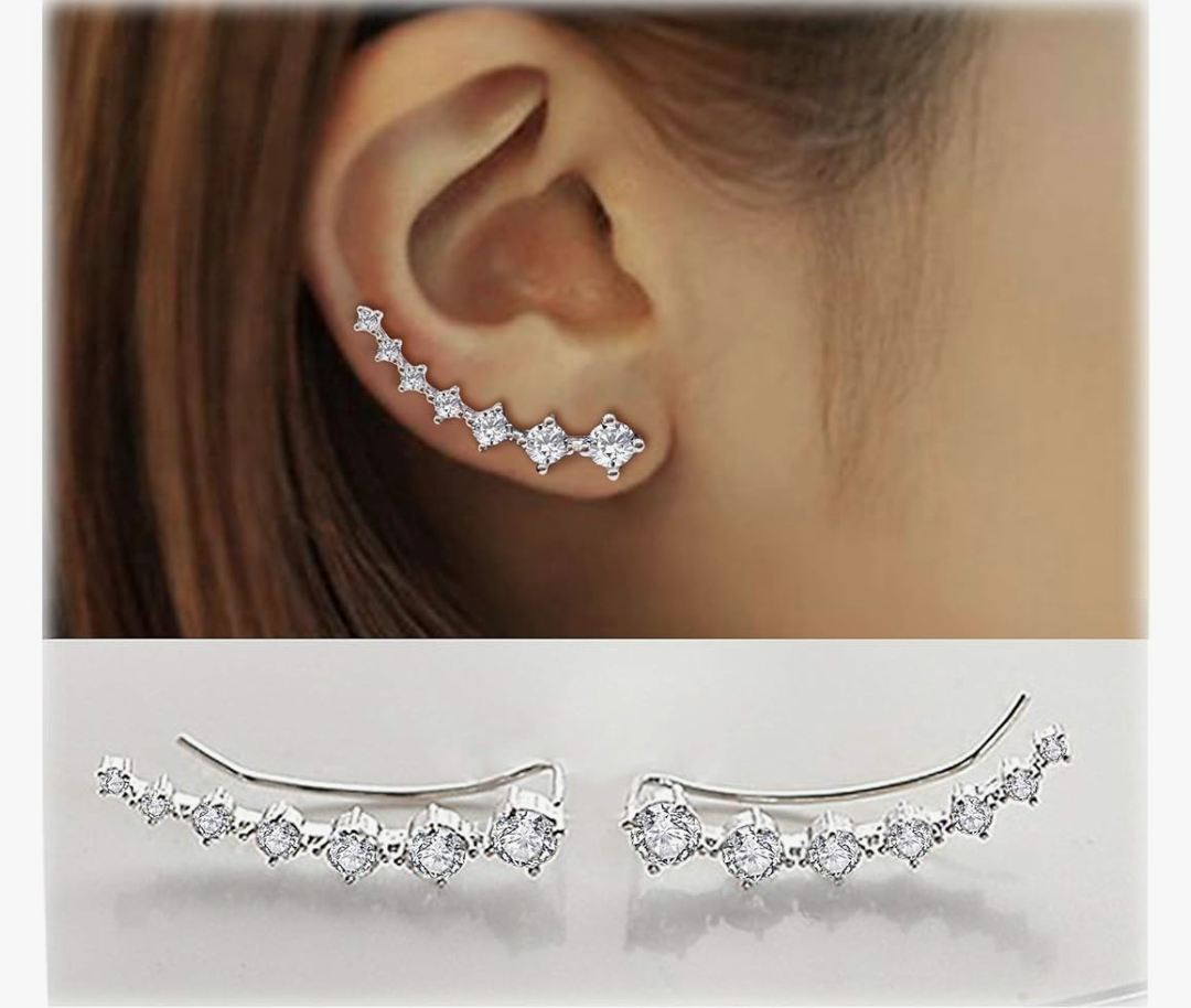 Sterling Silver Climber Earrings for Women 7 Crystals Ear Cuffs Cartilage Hypoallergenic Jewelry Dainty Fashion Birthday Gift for Women