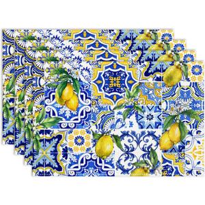 Lemon Tiles Placemat Set of 4, 12x18 Inch Summer Spring Yellow Lemon Blue Ceramic Tiles Floral Fruit Seasonal Rustic Farmhouse Coffee Table Mats for Outdoor Kitchen Dining Table Decoration