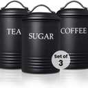 Kitchen Canister Set of 3 Sugar Coffee Tea with lids Food Storage, Black