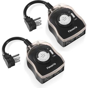 Outdoor Timer Outlet Waterproof, 24 Hour Mechanical Plug in Light Timer, 2 Grounded Outlets for Christmas Lights, 15A 1/2 HP, ETL Listed (2 Packs)