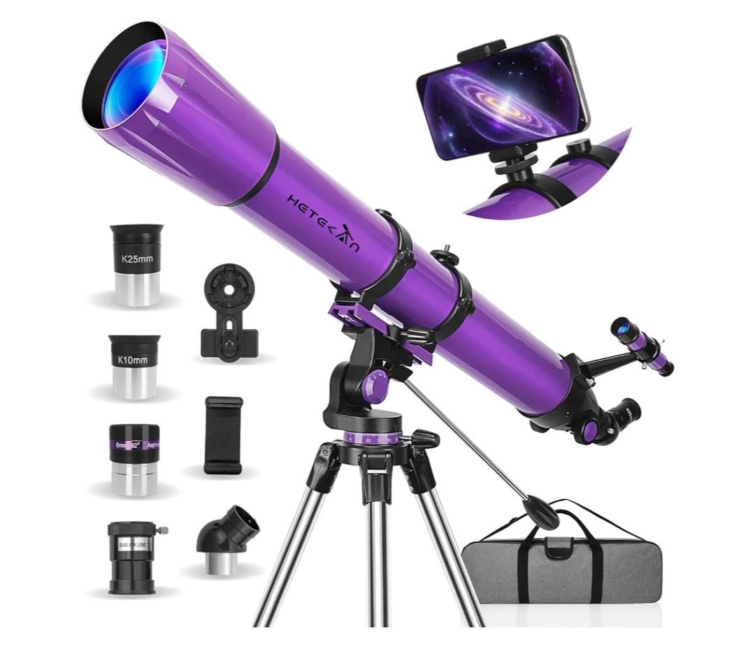 HETEKAN 90mm Aperture 1000mm,Telescope for Adults High Powered, Purple
Magnification 500X, Professional Telescopes for Beginners with Three Eyepieces, Phone Adapter & Carrying Bag