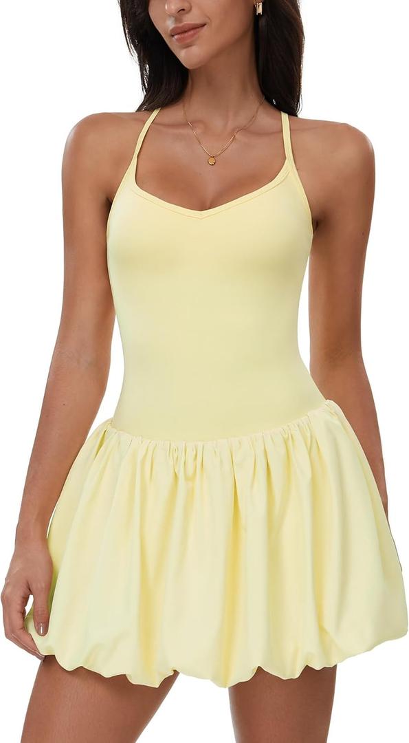 AGYMNX Women's Tennis Dress Spaghetti Straps Ruffle Cami Bubble Golf Dress with Shorts Yoga Fitness Active Dresses (Large, Yellow)
