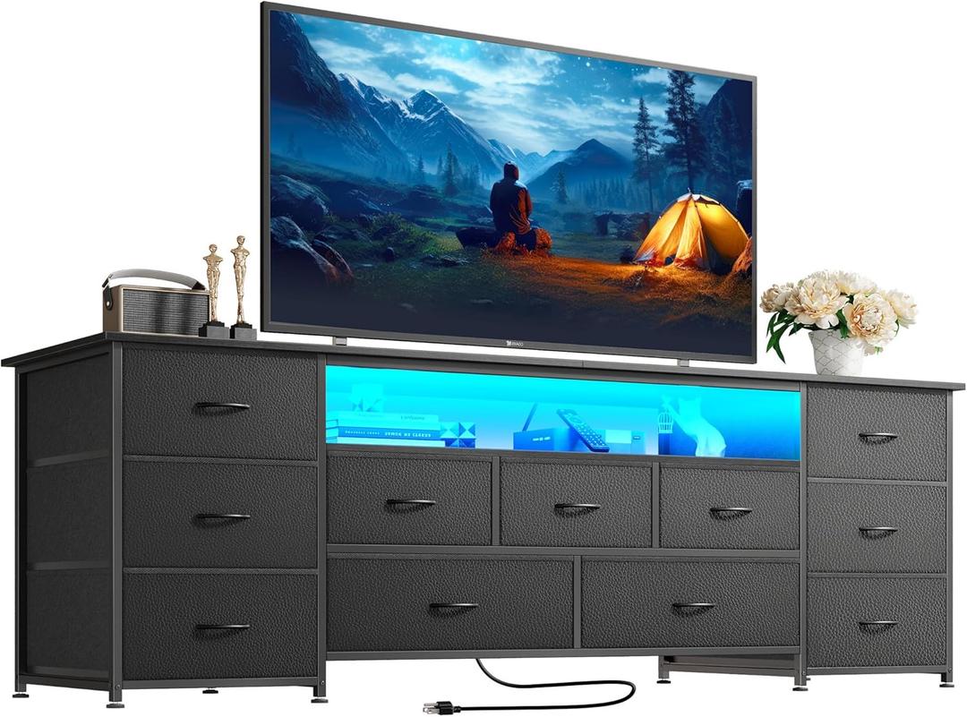 Huuger 63 Inch TV Stand for 65, 70 Inch TV, 11 Drawer Long Dresser with Power Outlets and LED Lights, Entertainment Center with Storage, Black Dresser with PU Leather Surface