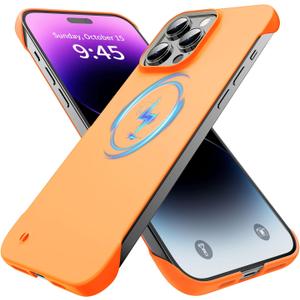 GRECAZO Magnetic Slim Case Fit for iPhone 14 Pro Max Phone Case 6.7"(2022) Ultra-Thin Lightweight Durable Frameless Matte Hard MagSafe Cover Case with Pull Ring Shockproof Non Slip Rope-Orange