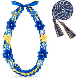 Graduation Ribbon Lei Class of 2025 Grad Lei Kit Graduation Double Braided Necklace with Honor Cord for Graduate Women Men High School College Grad Party Supplies(Blue, Gold)
