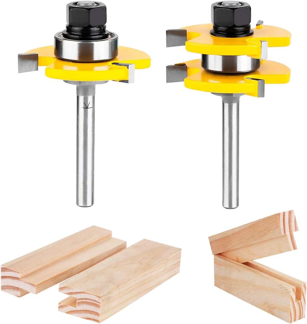 KOWOOD Tongue and Groove Set of 2 Pieces 1/4 Inch Shank Router Bit 3 Teeth Adjustable T Shape Wood Milling Cutter