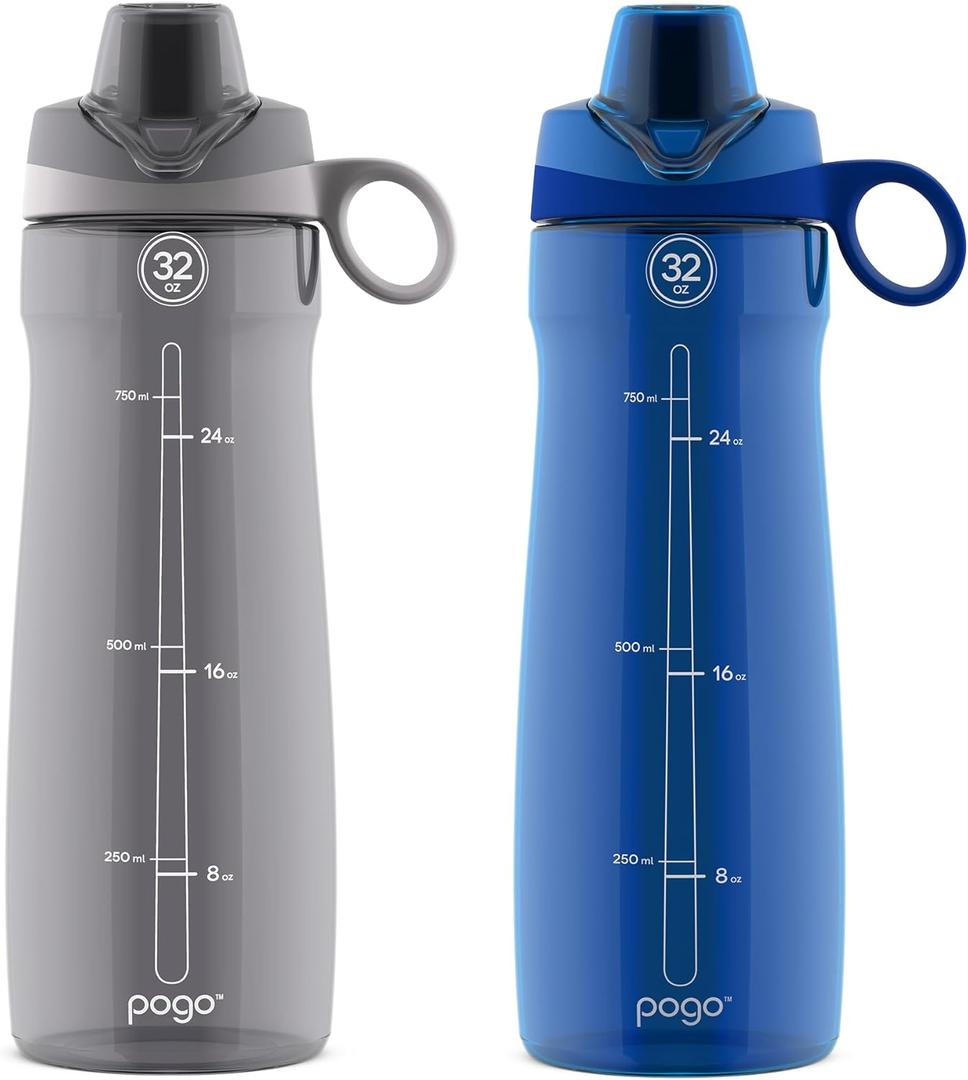 Pogo 2-Pack Plastic Water Bottle with Carry Handle, Reusable, BPA Free, Dishwasher Safe, Perfect for Travel, School, Outdoors, and Gym | 18oz, 32oz (Grey/Blue)