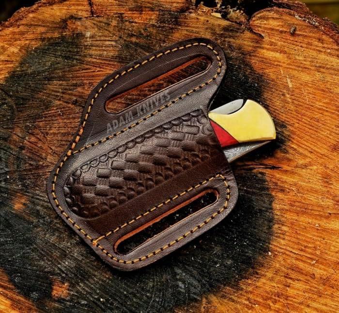 Leather Pocket Knife Sheath For Belt, Slanted Sheath, Tooled Leather Sheath, Beautiful Folding/Trapper Knife Leather Cover 100% Real Leather (Dark Brown)