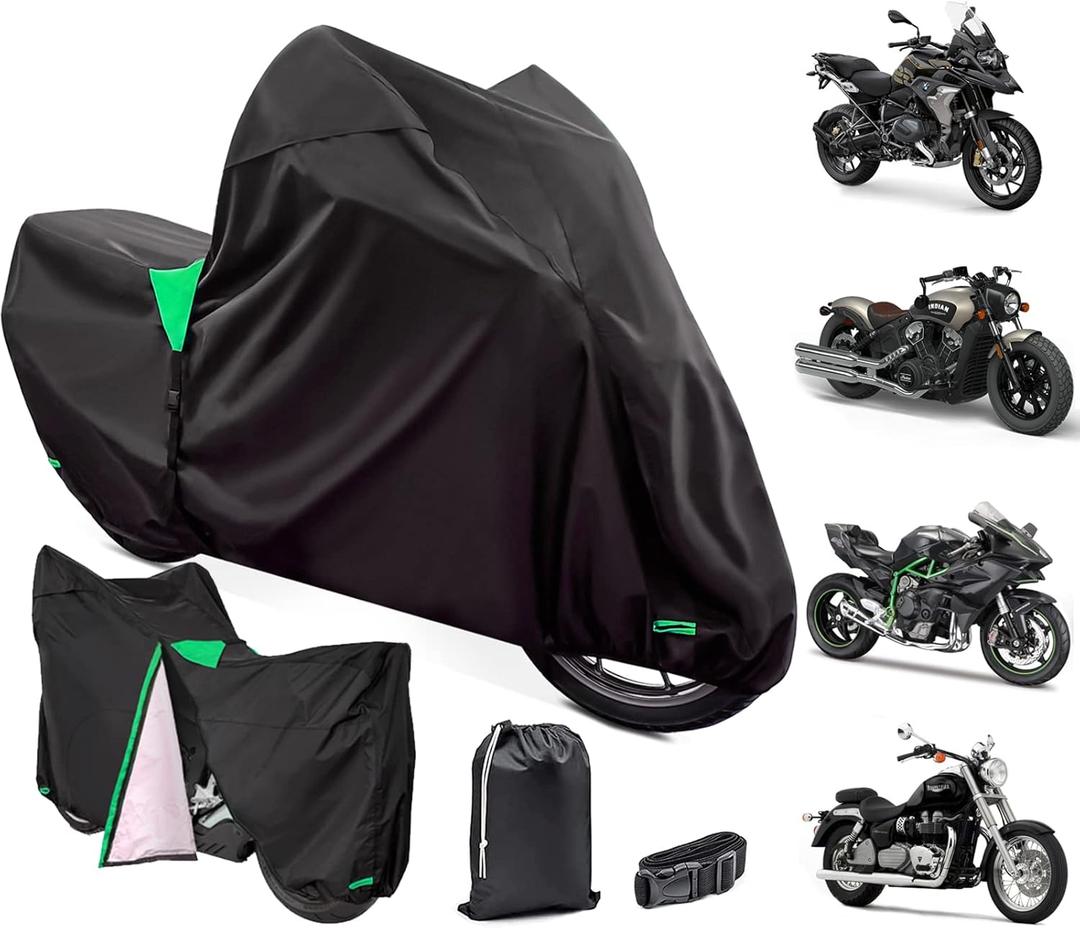 XYZCTEM Premium Motorcycle Cover Waterproof All Weather Weatherproof UV Sun Protection Snow Dust Storm High Heat Resistant Durable Lock-Holes & Side Zip & Storage Bag Fits up to 87" Motors (Black/Green)