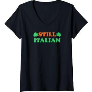 Womens Still Italian With Shamrock Saint Patricks Day V-Neck T-Shirt, Black, Small