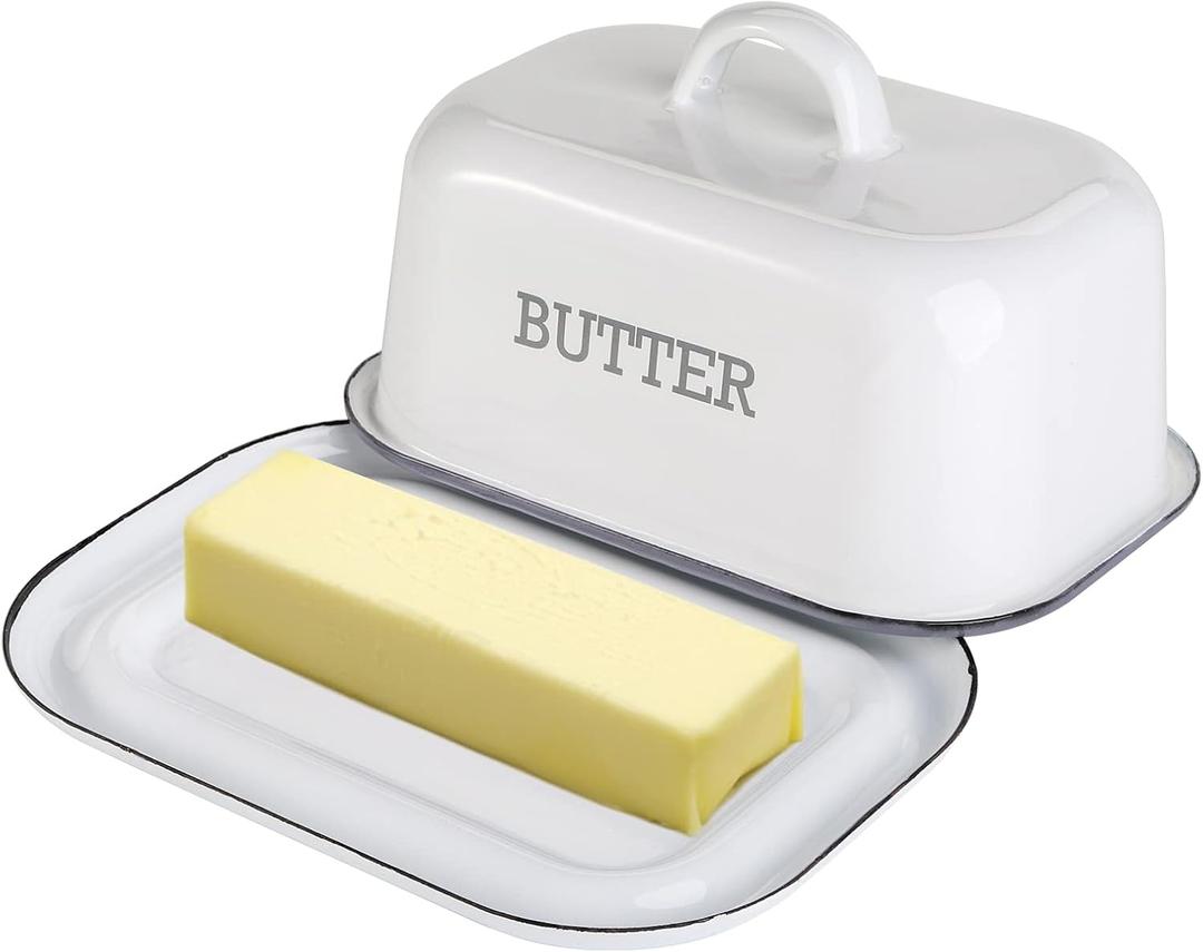 Suwimut Enamel Butter Dish with Lid for Countertop Refrigerator, Vintage White Butters Holder Tray, Black Rim Enameled Metal Covered Butters Keeper Container for East West Coast Butter Stick
