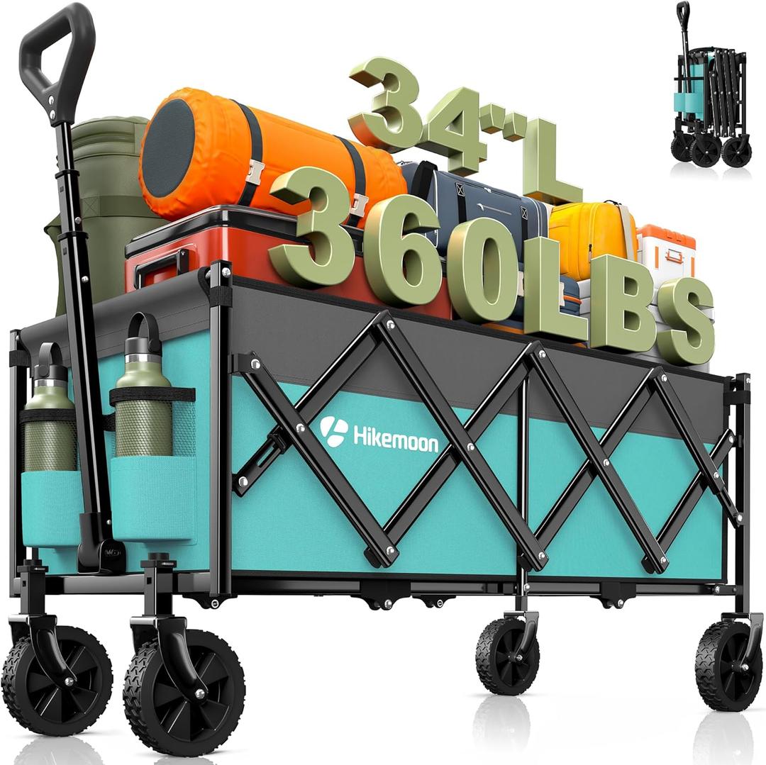 Hikemoon 34'' Extra Long Collapsible Wagons Carts Foldable, 360LBS Heavy Duty Folding Beach Wagon Cart with Wheels, Portable Utility Outdoor Wagon for Grocery, Shopping, Garden, Sports, Turquoise