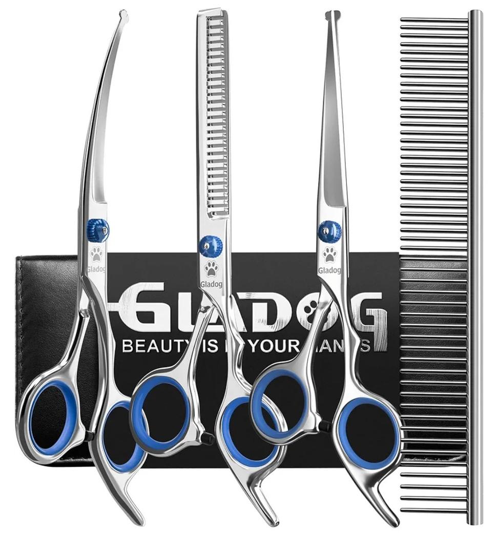 GLADOG Professional 5 in 1 Dog Grooming Scissors Set with Safety Round Tips, Sharp and Heavy-duty Pet Grooming Shears for Cats