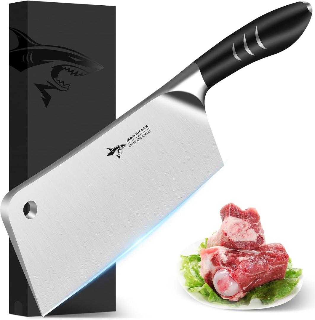 MAD SHARK 7.5 Inch Meat Cleaver Knife, Professional Bone Chopping Butcher with Heavy Duty Blade, German Military Grade Composite Steel, Chinese Chef's Bone Cutting Knife for Home Kitchen & Restaurant