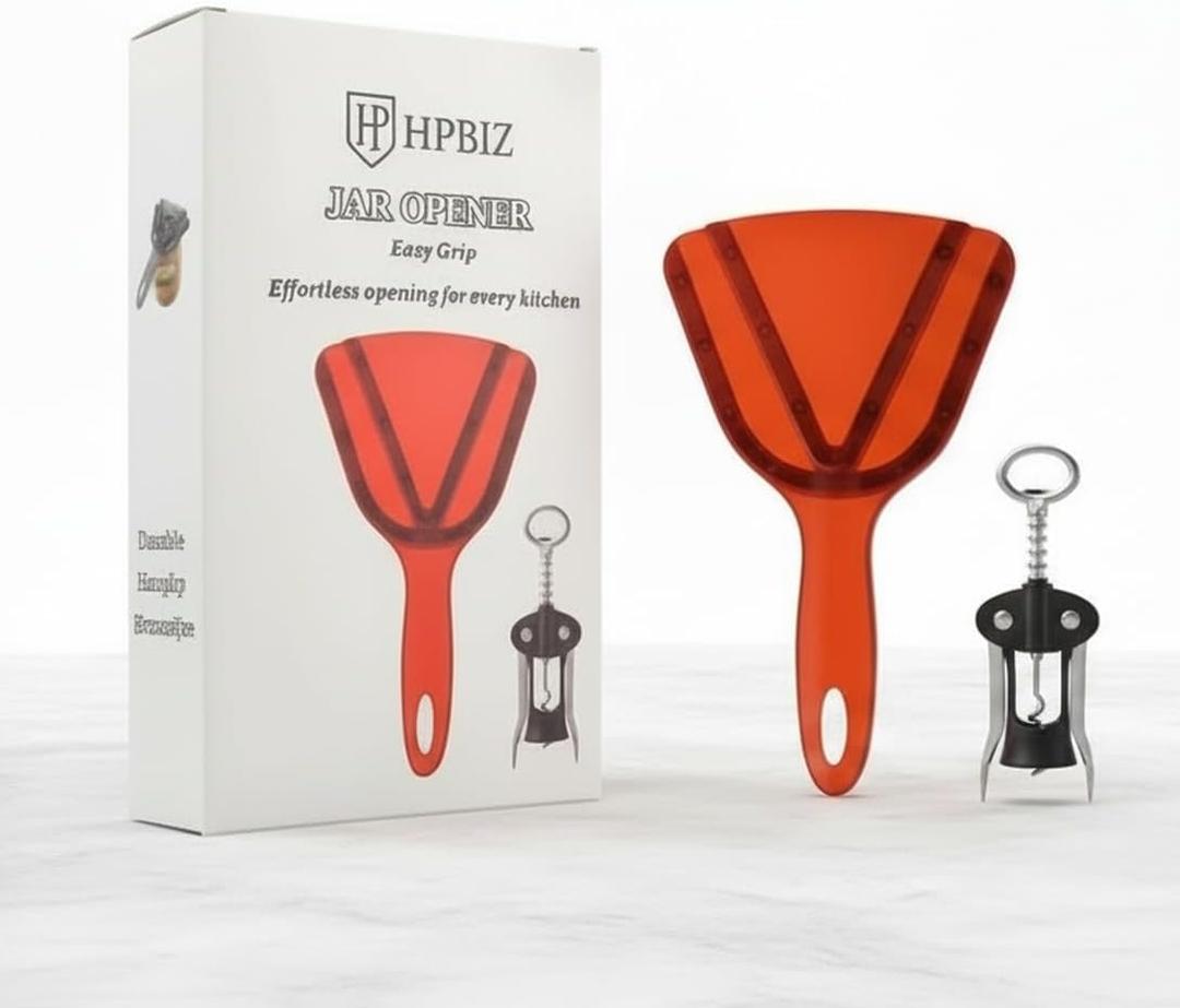 Jar Opener for Weak Hand & Seniors with Arthritis BY HPBIZ With Wine&Bottale Opener (RED)