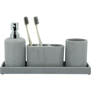 ZCCZ - Light stone Gray Bathroom accessories set 4 Pcs - Toothbrush Holder, Soap Dispenser, Vanity Tray, Bathroom Tumbler - Countertop Vanity Organizer - Bathroom accessory set - Toothbrush Holder Set (Gray Effect)