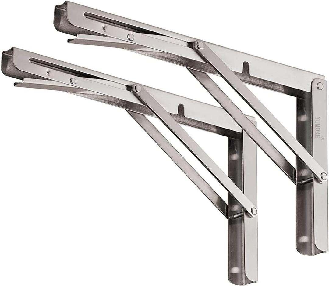 YUMORE Folding Shelf Brackets 8", Max Load: 300lb Heavy Duty Stainless Steel Collapsible Shelf Bracket for Table Work Bench, Space Saving DIY Bracket, Pack of 2 (Silver)