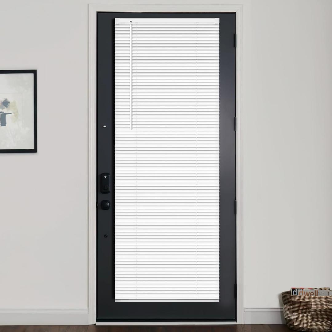 LazBlinds 1" Vinyl Mini Blinds for Doors, Cordless French Door Blinds for Privacy, Light Filtering Privacy Horizontal Shades for Front Door Patio Sidelight Glass Door, 25" W x 70" H, White