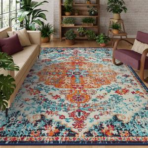 Lahome Boho Rugs for Living Room 8x10,Washable Orange Bedroom Area Rug Soft Low Pile Dining Room Rugs for Under Table,Vintage Thin Non Slip Printed Nursery Area Rug for Playroom Office(8x10ft Orange)