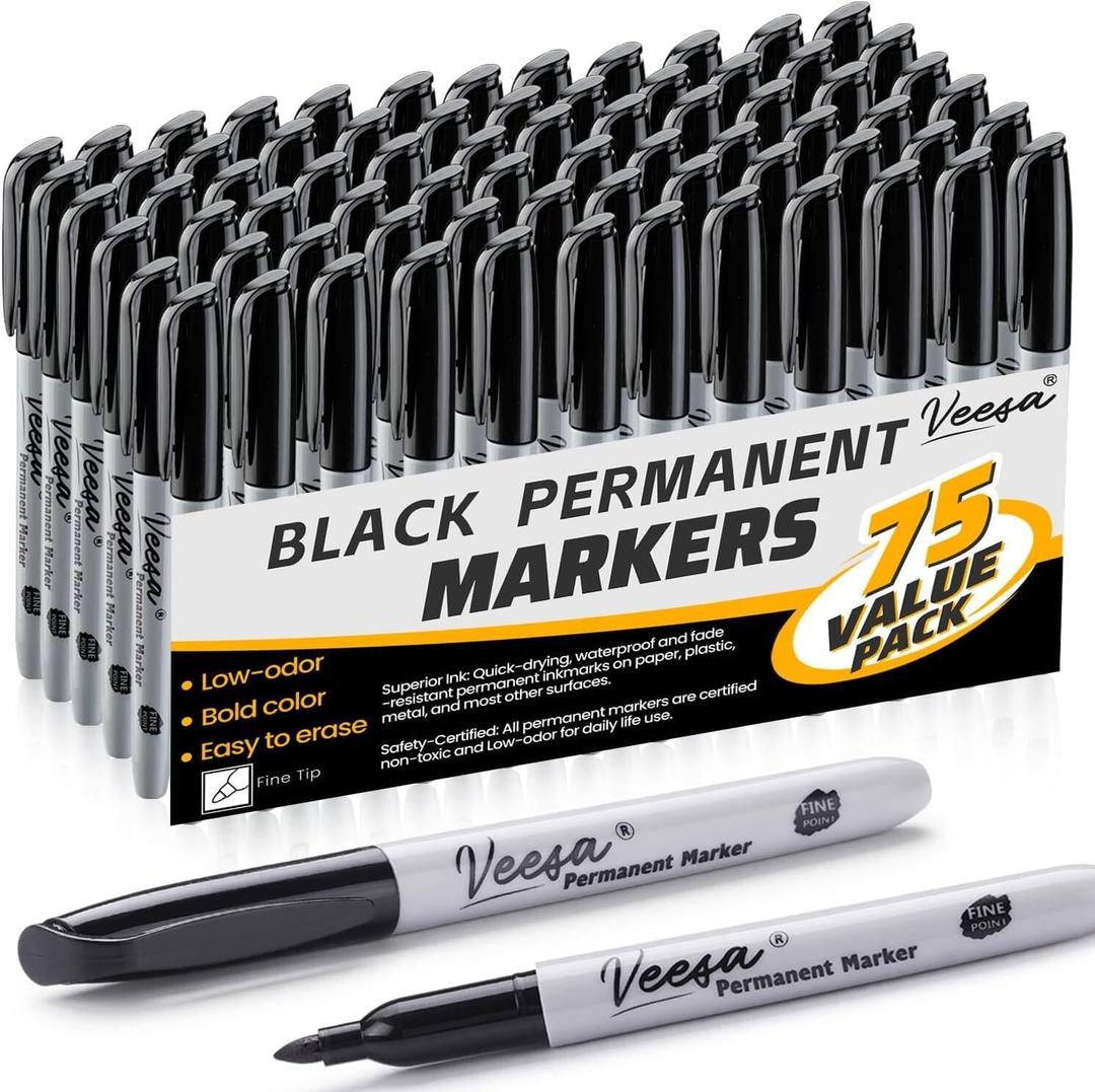 Permanent Markers Bulk, Fine Tip, 75 Pack Black Permanent Markers, Quick Drying, Water- & Fade-Resistant, Used on Wood Plastic Paper Metal