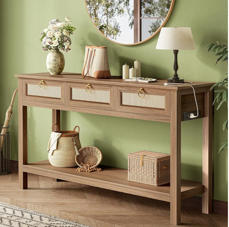 SUPERJARE Rattan Console Sofa Table with Outlets and USB-C Port, 3 Drawer Entryway Table