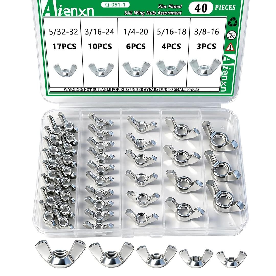 40PCS SAE Wing Nuts Assortment Kit, 5 Sizes- 5/32", 3/16", 1/4", 5/16", 3/8", Zinc Plated Wingnuts Fasteners, Parts Butterfly Wing Nut