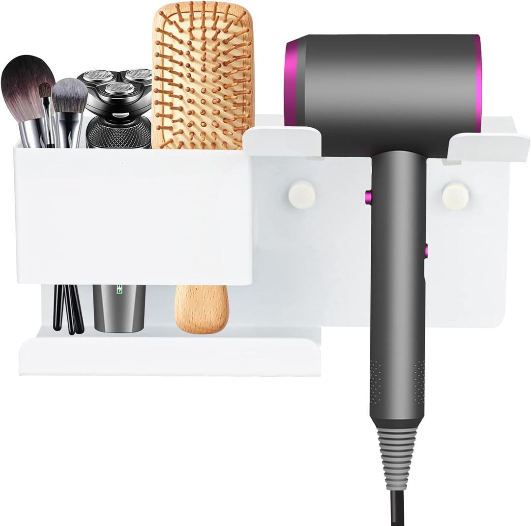 Hair Dryer Holder Wall Mounted, SHAIDOJIO Blow Dryer Holder for Bathroom, Aluminum Alloy Hair Dryer Rack, Muti-Function Hair Tool Organizer with Plug Hook (White)