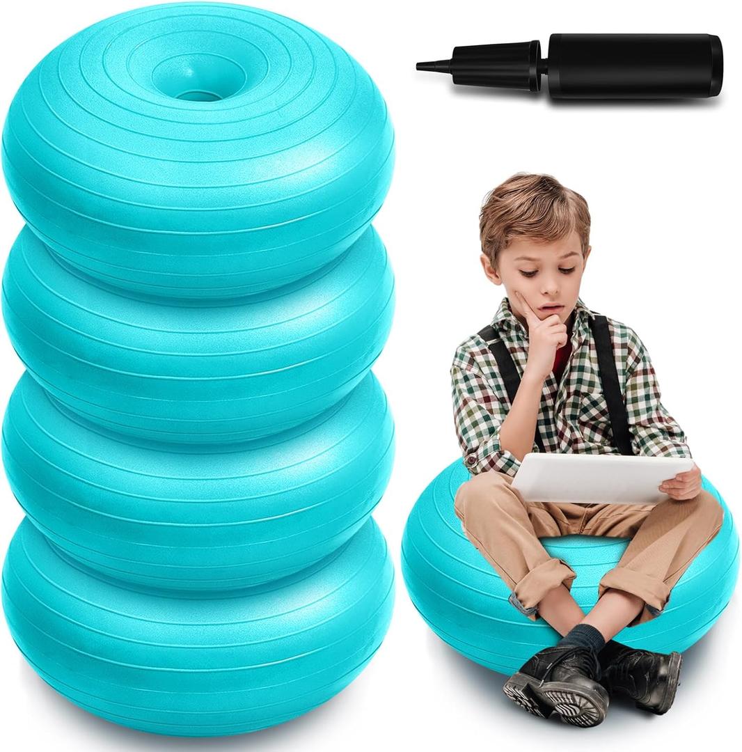 Lewtemi 4 Pcs Flexible Seating for Classroom Elementary 20 Inch Yoga Ball Chair Inflatable Donut Ball Chair with Inflator for Kids Student Sensory Balance Office Exercise (Blue)