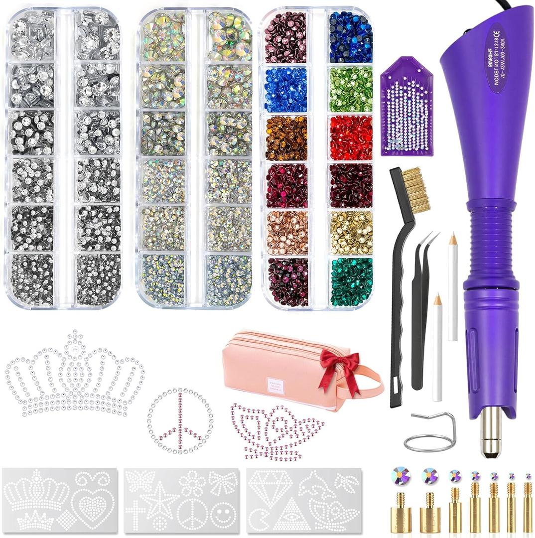 Hotfix Rhinestones Applicator Kit Set 4500 Pcs Crystals (White/AB/Multi-Color) - Bedazzler DIY Craft Includes 19 Pattern Templates, Tweezers, Brush, Storage Bag - for Clothes, Fabric, Jeans (Purple)