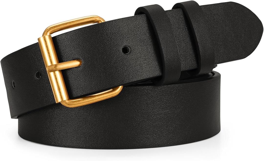 SANSTHS Belts for Women for Jeans Coats Dresses, Leather Belt Women with Classic Bronze Buckle (Black)