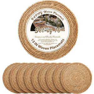 13 in Round Woven Placemats Plate Chargers Set of 10, Boho Farmhouse Rustic Woven Place Mats for Dining Table Decor, Rattan Wicker Table Mats Jute Braided Chargers for Dinner Plates (13 Inch Set of 10, Natural Color)