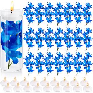 Hanaive 42 Pcs Blue Orchids Artificial Flower Vase Fillers for Floating Candles Wedding Table Centerpiece Blue Orchid and Unscented Floating Candles for Wedding Table Party Home Decoration