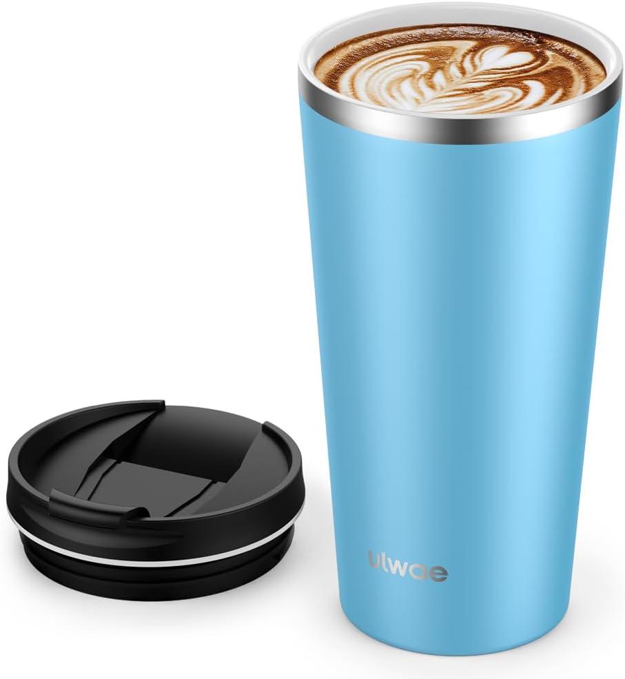 Insulated Coffee Mug with Ceramic Coating, 18oz Travel Mug with Leak-proof Lid, Vacuum Double-wall Tumbler, Stainless Steel Thermal Cup for Tea, Hot Cocoa, Cold Beverage, Ice Drinks (Sky Blue)