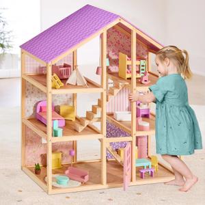 Tiny Land Wooden Dollhouse for Girls - 6 Rooms Wooden Doll House, DIY Pretend Doll House with 31Pcs Furniture Accessories, Creative Gift for Girl Ages 3+ (Unicorn Purple), 1:12