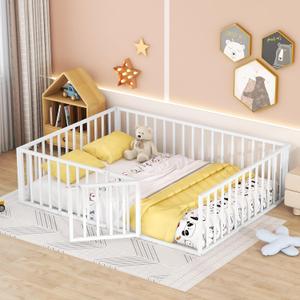 Merax Queen Size Metal Floor Bed Frame with Safety Guardrails Fence and Door for Boys and Girls, White