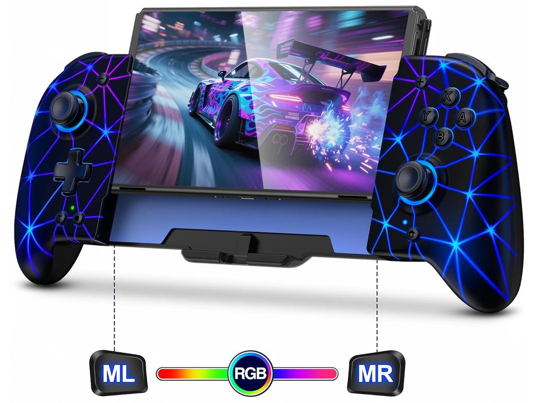 Spican Switch Controllers for Nintendo Switch/Switch OLED, Hall Effect Switch Wireless Pro Controller One-Piece Joypad, Full-Size Handheld Mode Gamepad with RGB Lights/Battery/Turbo/Macro/4 Game Slot (Switch 1 - 6.2"/7", Black-Stellar Grid)