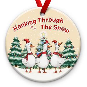 2 x KILYHOME Duck Christmas Ornament 2025 - "Honking Through Snow Ceramic Ornament, Cute Goose Decoration - Rustic Animal Decor, Duck Xmas Holiday Keepsake, Ideas for Goose Lovers