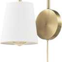 Globe Electric 65000053 1-Light Hardwire or Plug-in Wall Sconce, Matte Brass, White Textured Shade, Arched Arm, Lighting, Home Decor, Lights for Bedroom Plug in