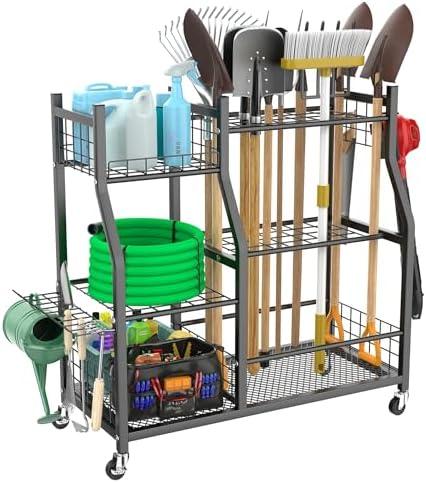 WALMANN Garden Tool Organizer with Wheels for Garage, Large Storage Capacity, Rakes/Shovels/Yard Tools Storage Stand for Shed, Garden, Indoor/Outdoor Long-Handled Tools Rolling Cart