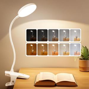 Mubarek Desk Light,3600mAh Battery Operated Light,5 Brightness+5 Color Clip on Reading Lamp,400LM 36 LED Desk Lamp with Clamp,Rechargeable Lamps Cordless Lamps, Reading Lights for Books in Bed,Table (White)